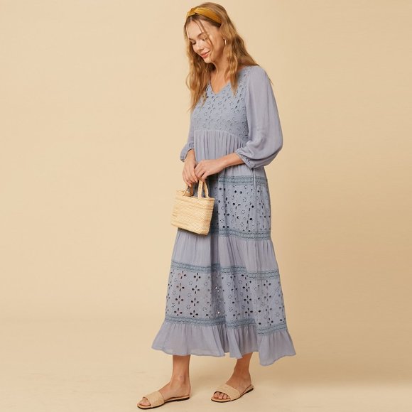 Listicle Misty Blue Maxi Dress NWT • Rayon Long Sleeve Boho Textured Embroidered - Picture 3 of 13